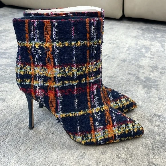 New L'Agence Multi Tweed Mariette 95mm Booties Ankle Boots Stiletto Heel Sz 6